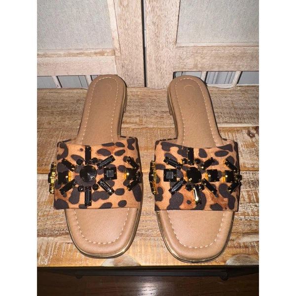 Comfort Est 1946 Leopard Jeweled Embellished Slide Sandals Fashion Shoes Size 7
