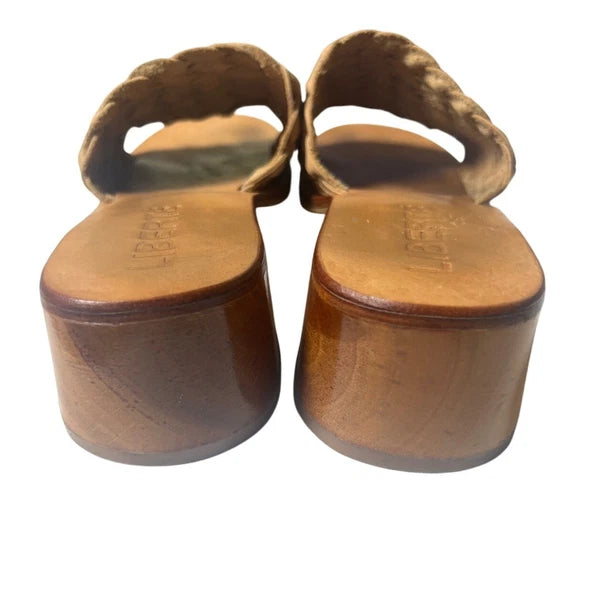 Liberte Woven Slide Sandals Block Heel Tan Leather Size 9