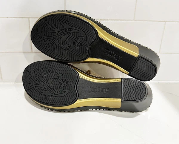 Alegria LOTI Gold Dazzler Sandals Wedge Slides Open Toe Size 39 Shoes
