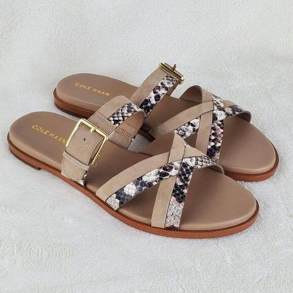 Cole Haan Python-Print Fairen Leather Strappy Buckle Slide Flat Sandals Size 8M