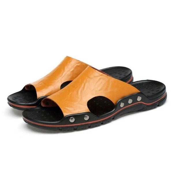Mens Leather Slippers Summer Beach Fashion Sandals Casual Flats Slides Plus Size