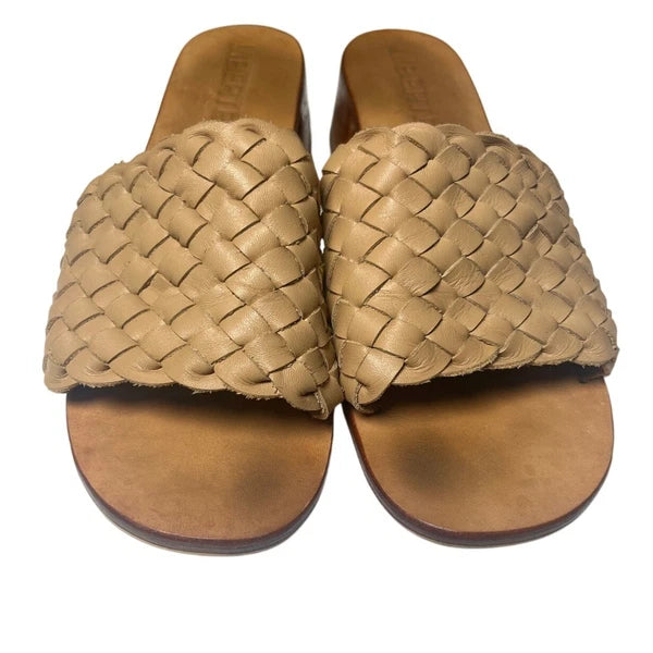 Liberte Woven Slide Sandals Block Heel Tan Leather Size 9