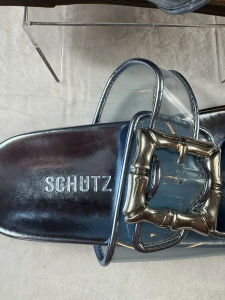 Schultz Enola sporty Metallic Blue Slides With Bamboo Style Buckles
