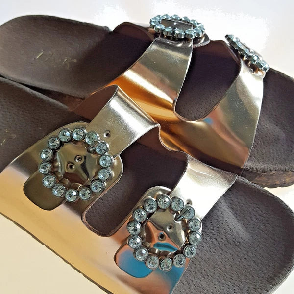 H2K KAREN STONE Buckle Ornament Rose Gold Fashion Slide Flip Flops Sandals Bling