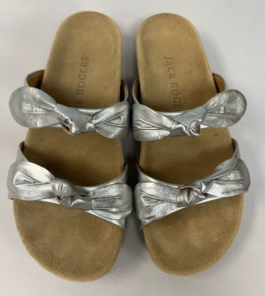 Jack Rogers Silver Shimmer Leather Flat Slide Style Sandals Size 6.5