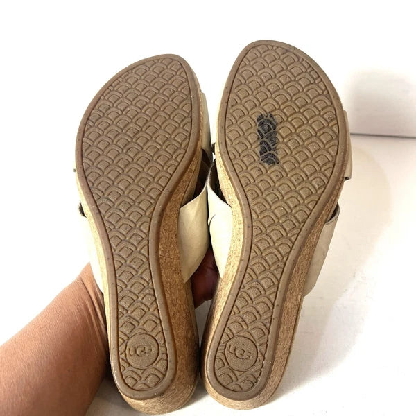 UGG Women's 9 Beige Leather Cross Slide Cork Wedge Summer Casual Sandals Slip On