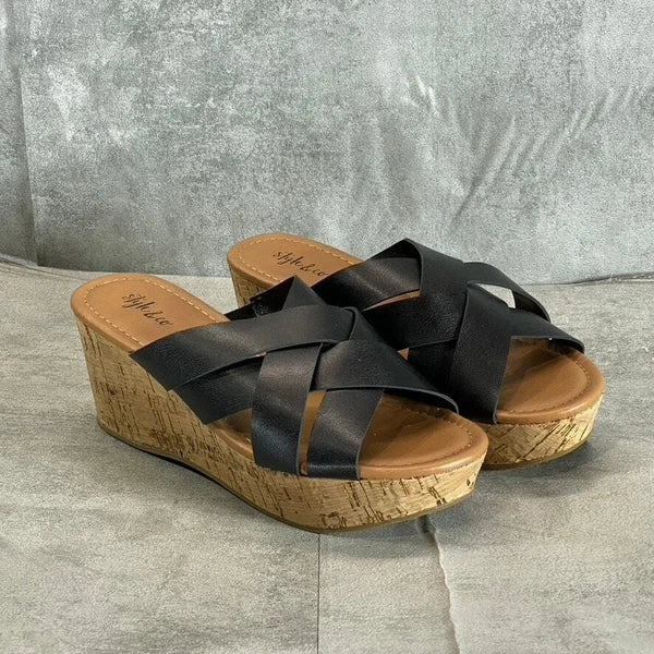 STYLE & CO Women's Black Smooth Violettee Slide Wedge Platform Sandals SZ 6