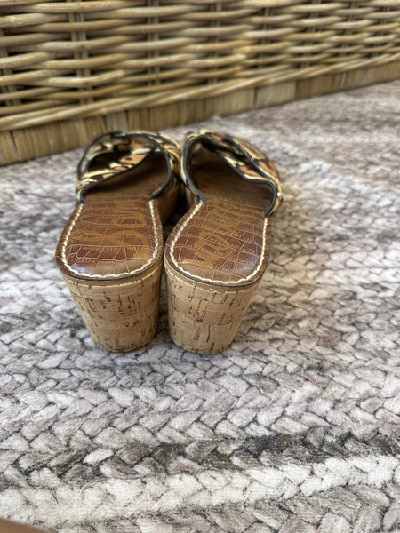 SAM EDELMAN Slide Sandals Sz 9.5Leopard Print Pony Hair Cork Platform Wedge REID
