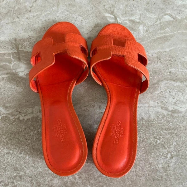 Hermes Orange Sandals Women Size 35 Leather Slide Shoes Classic Summer Style