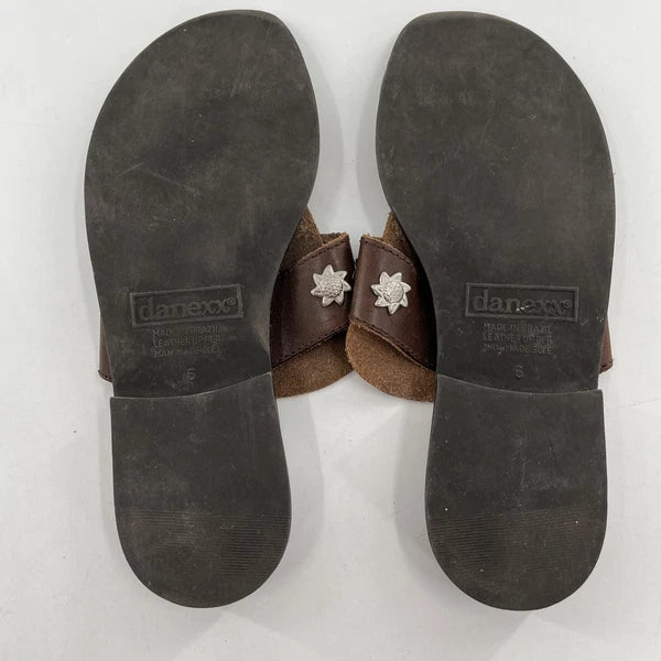 Danexx Womens Slides Sandals Brown Leather Flip Flop Style Block Heel Slip On 6