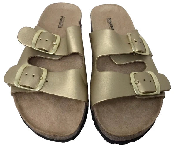 Sonoma Women's Artwork Double Buckle Leather Slide Sandals Gold Size:9 201E