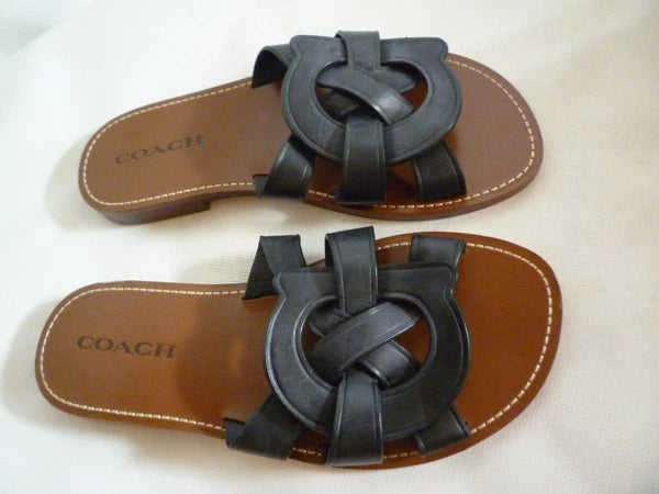 Coach Issa Black Leather Slides Sandal Shoes Women's UK 6 RRP £195 New US 8