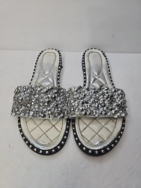 Fashion Nova Sandals Womans 10 Silver Slip On Flats Rhinestones City Club Preppy