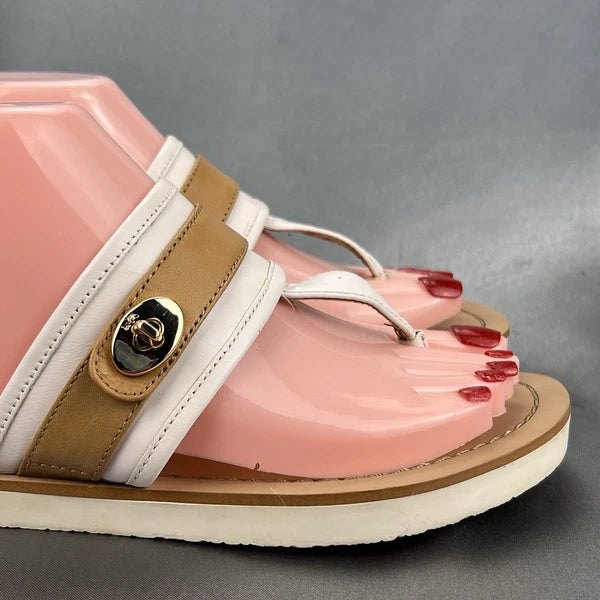 COACH Eileen Turn-lock Slide Sandals Women's 6 B Thong Cream Tan Summer Vacation