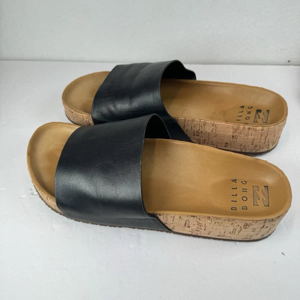 Billabong Black Leather Cork Slide Sandals Women’s 7.5 Comfort Slip On Casual