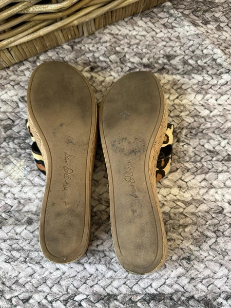 SAM EDELMAN Slide Sandals Sz 9.5Leopard Print Pony Hair Cork Platform Wedge REID
