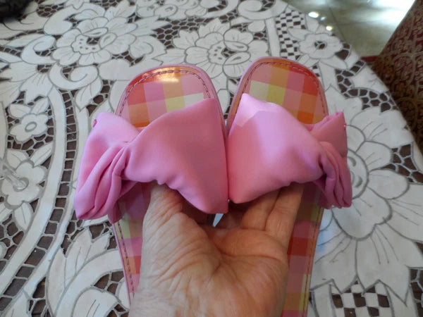 New Kate Spade New York Pink Madras Bikini Bow Slide Size 6.5B