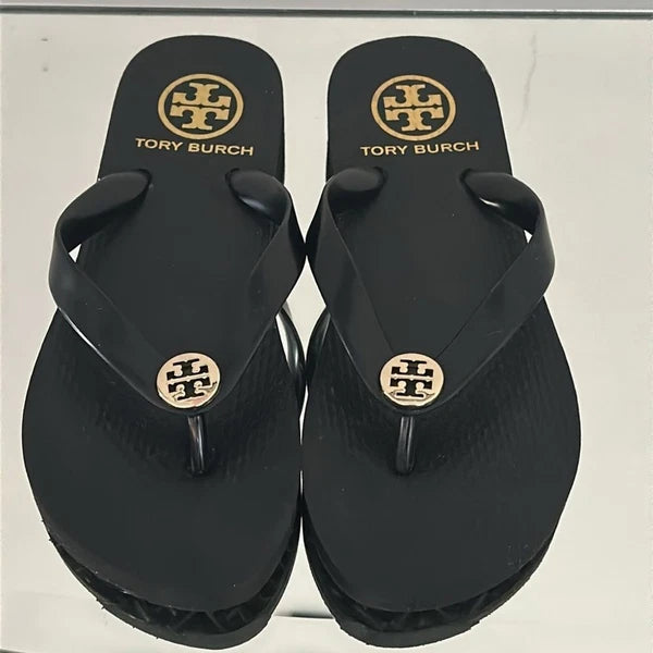 TORY BURCH Perfect Black Flip Flops Thong Logo Women’s Size 5