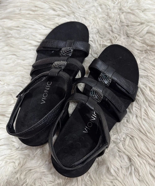 Vionic Sandals Women 8 Amber Black Python Adjustable Strappy Slingback