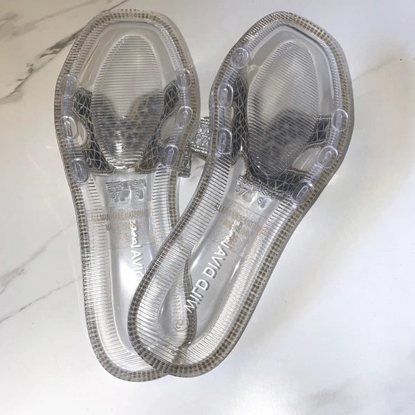 NEW 2x pairs 6 Clear Black Jelly Flat Sandals Wedding Slides Rhinestone Silver