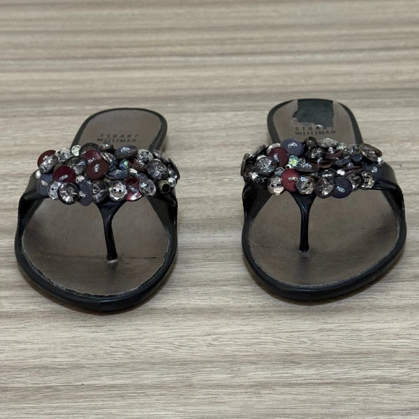 Stuart Weitzman Sandals Women 6 Black Embellished Thong Beaded Glam Slip On
