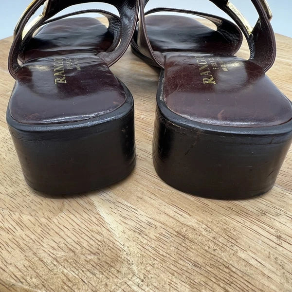 Rangoni Firenze Brown Leather Open-Toe Sandals 8 1/2 AA Made Italy Gold Buckle