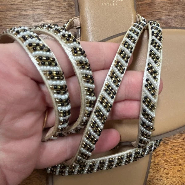 Haute Hippie slip on slides sandals beaded flats strappy resort casual US 7M