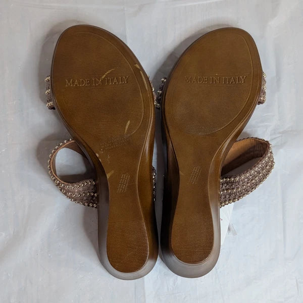 TOSCANELLA Wedge Sandals Size 8 Handmade in Italy Tan Beaded Two Band  BOHO