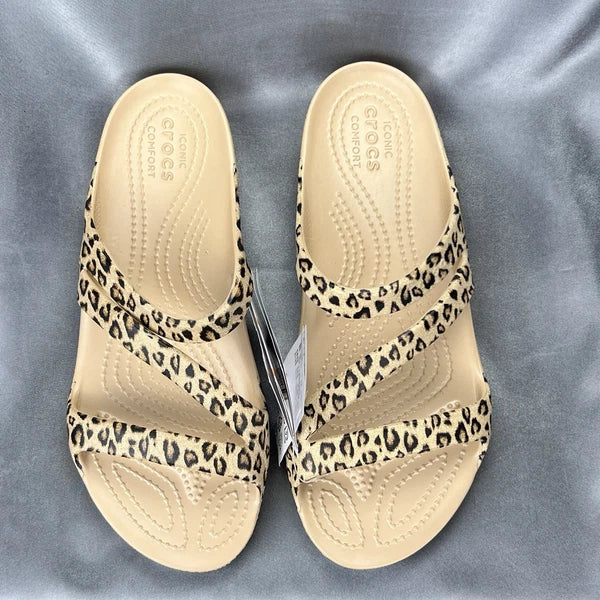 Crocs Kadee II Leopard Sandals Women's 7 Strappy Slides Spring Shoes 206894-90L