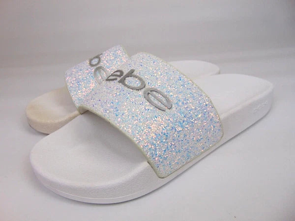 Bebe Womens Fraida Glitter Slide Fashion Sandals Flats Size 7.0 M, White Glitte