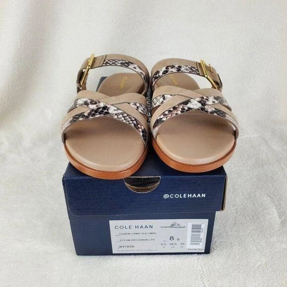 Cole Haan Python-Print Fairen Leather Strappy Buckle Slide Flat Sandals Size 8M