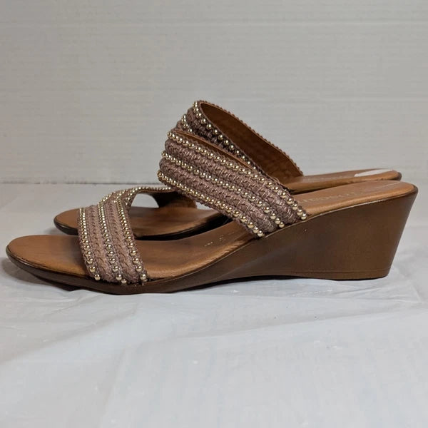 TOSCANELLA Wedge Sandals Size 8 Handmade in Italy Tan Beaded Two Band  BOHO