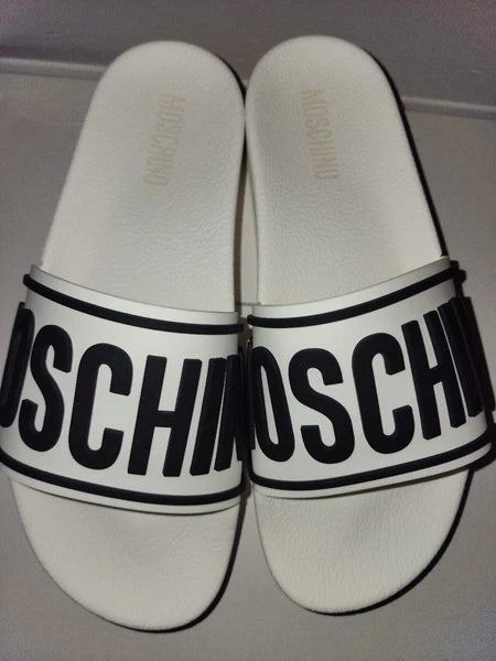 Moschino Womens 8.5 EU 41 Logo Platform Slides Sandals White Black Pool Tulum