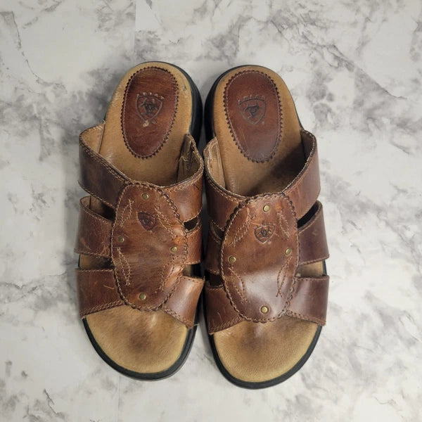 Ariat Brown Leathers Strap Brass Stud Slides Sandal Style 21443 Womens 6B Farm