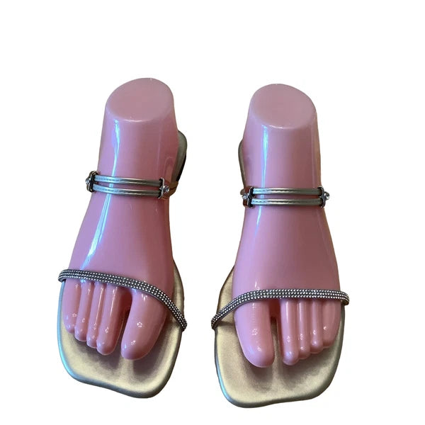 FASHION & SHOES METALLIC GOLD LEATHER AND CRYSTAL STRAP SLIDES NEW EU 40 US 9.5