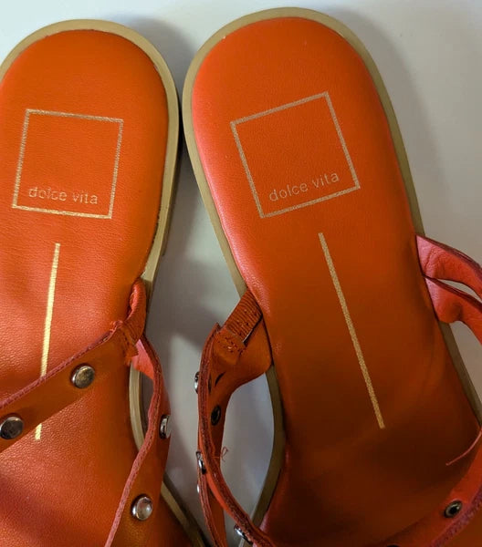 Dolce Vita Orange Izabel Strappy Square Toe Studded Flat Slide Sandals - Size 9
