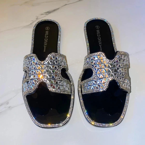 NEW 2x pairs 6 Clear Black Jelly Flat Sandals Wedding Slides Rhinestone Silver