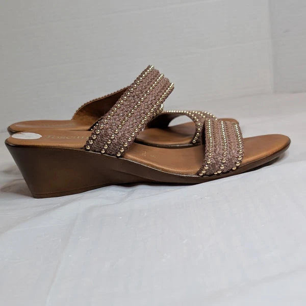 TOSCANELLA Wedge Sandals Size 8 Handmade in Italy Tan Beaded Two Band  BOHO