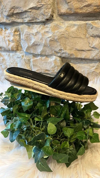 Michael Kors Royce Black Quilted Slides Espadrille Jute - Size 6/7