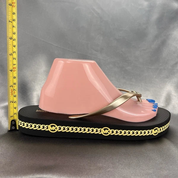 Michael Kors Logo Flip Flops Womens 10 Fashion Sandals Black/Gold RX24D MK Shoes