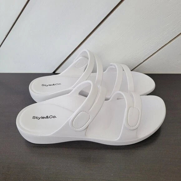 NEW Style & Co Women's 10M White Jessaa Slide Sandals With Adjustable Straps