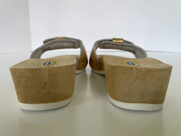 Dr. Scholl's The Original Wooden Sandals Slides Beige Leather Sz 5 M Brazil NEW