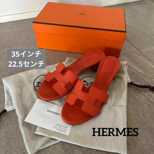 Hermes Orange Sandals Women Size 35 Leather Slide Shoes Classic Summer Style