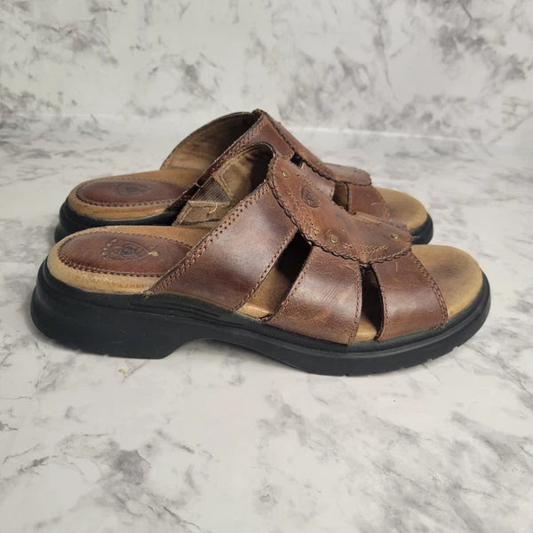 Ariat Brown Leathers Strap Brass Stud Slides Sandal Style 21443 Womens 6B Farm