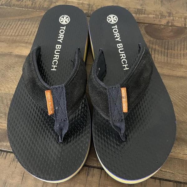 Tory Burch '70S Style Platform Flip Flops Sandals Navy Suede Women's Size: 7M