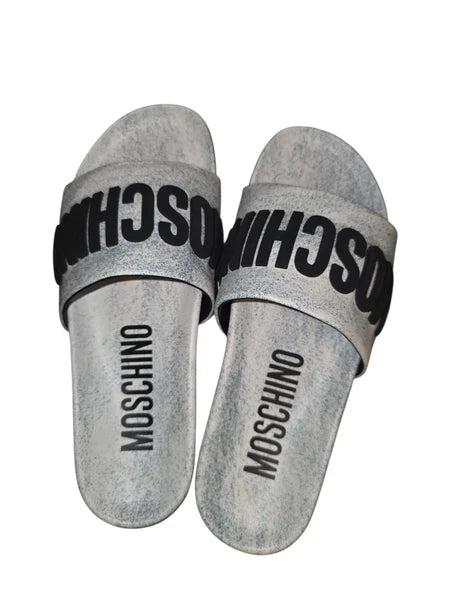 Moschino Womens 8.5 EU 41  Slide Dress Sandal White Blue Logo