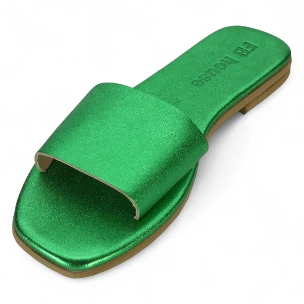 Ancient Greek style green metallic flat real leather slide sandals anatomic