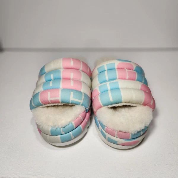 UGG Unisex Chunky Maxi Platform Sheepskin Slide Sandals Pink/Blue Sz W 8.5 /M 7