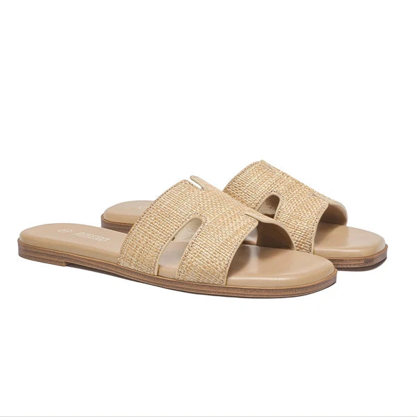 Comfortable Women's Slip On Leather Raffia Flat Sandals Dressy Slide Shoes