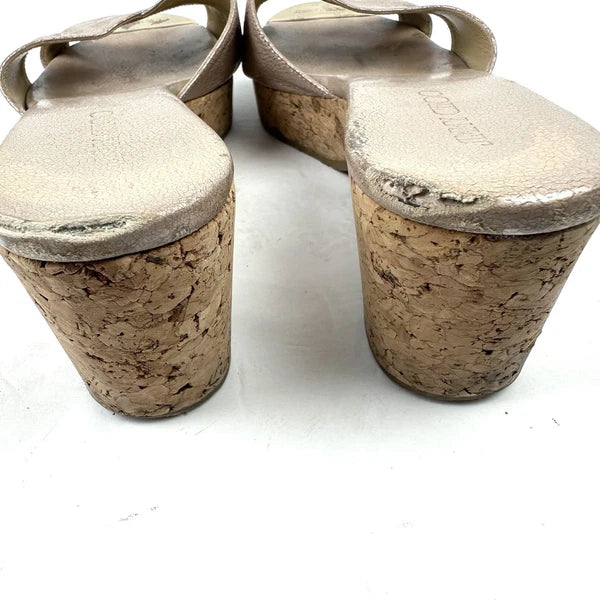 Jimmy Choo Panna Sandals 7 Cork Heel Womens Slip On Shoes Made In Spain